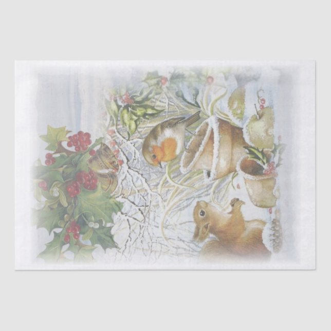 Red Robin Bird Squirrel Winter Christmas Tissue Paper (Front)