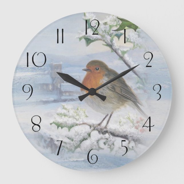 Red Robin Bird Winter Christmas Large Clock (Front)