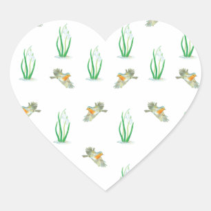 Red Robin Birds and Snowdrops spring pattern Heart Sticker