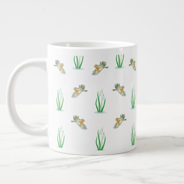 Red Robin Birds and Snowdrops spring pattern   Large Coffee Mug (Left)