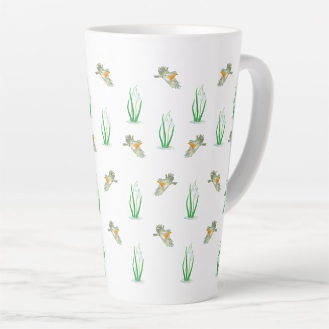 Red Robin Birds and Snowdrops spring pattern  Latte Mug (Right Angle)
