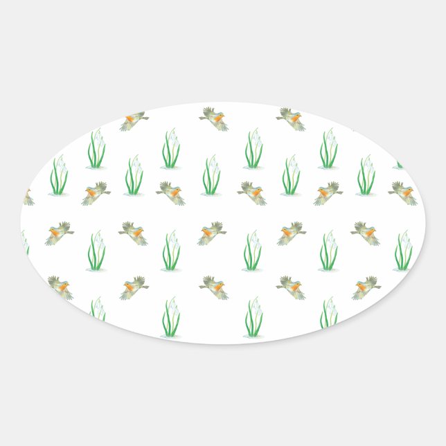 Red Robin Birds and Snowdrops spring pattern   Oval Sticker (Front)