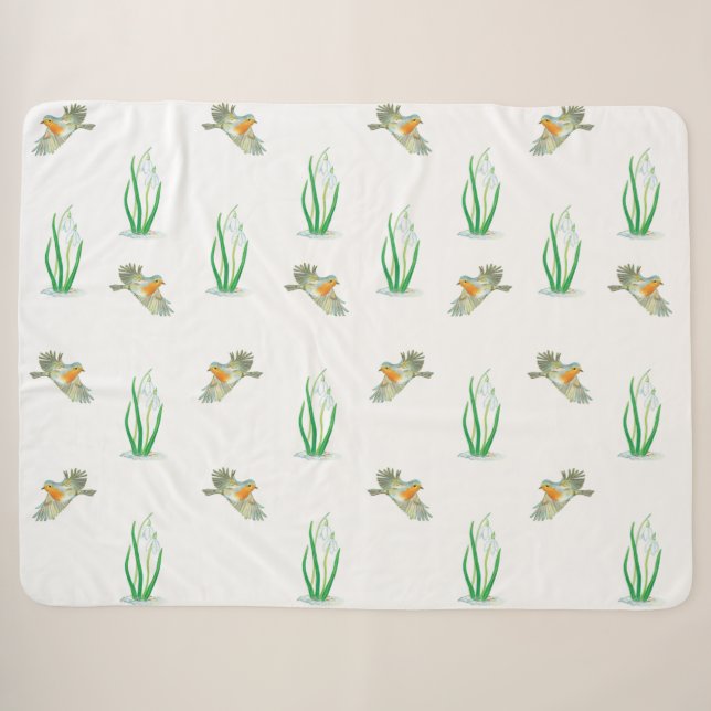 Red Robin Birds and Snowdrops spring pattern  Sherpa Blanket (Front (Horizontal))