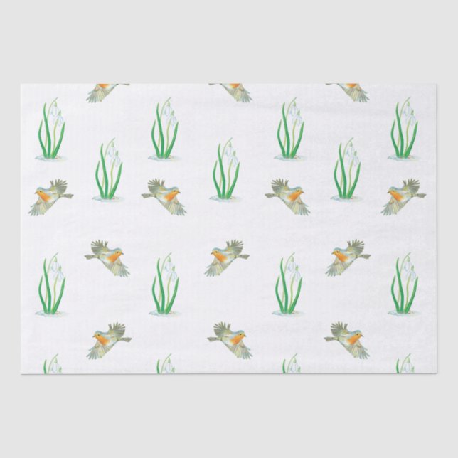 Red Robin Birds and Snowdrops spring pattern  Tissue Paper (Front)