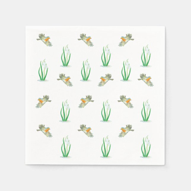 Red Robin Birds & Snowdrops Playful Spring Pattern Napkin (Front)