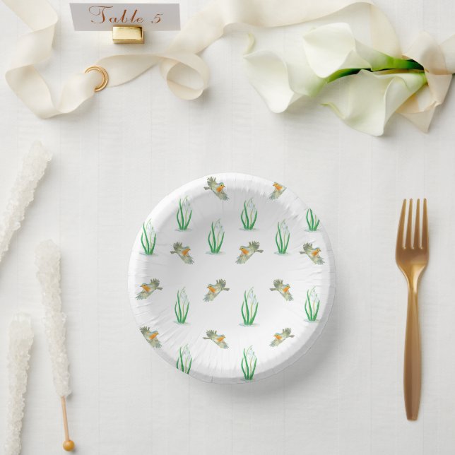 Red Robin Birds & Snowdrops Playful Spring Pattern Paper Plate (Wedding)