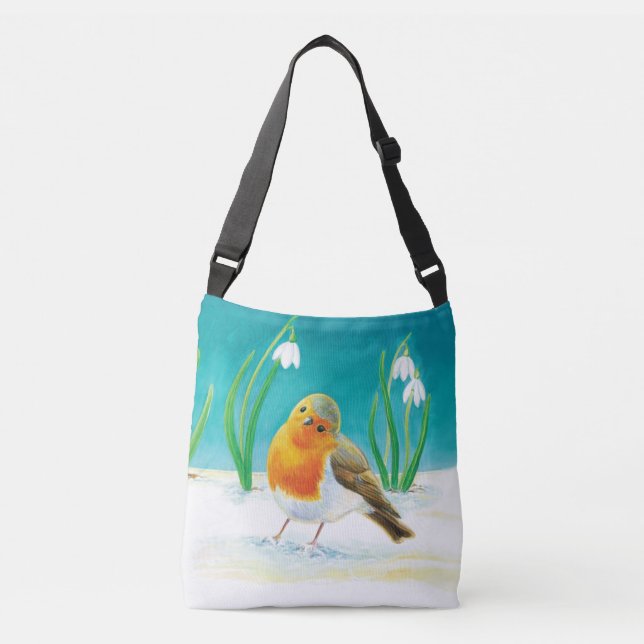Red Robin (Erithacus rubecula) & Spring Snowdrops  Crossbody Bag (Front)