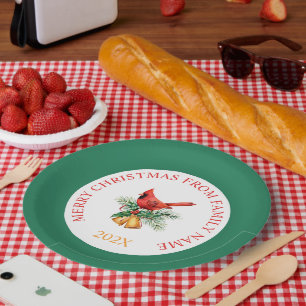 Red Robin & Gold Christmas Bells On White & Green Paper Plate