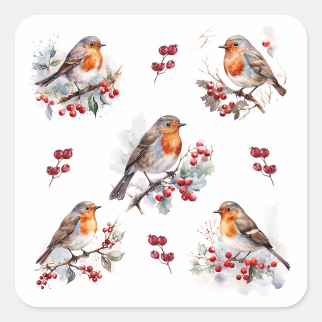 Red Robin Holly Christmas Square Sticker (Front)