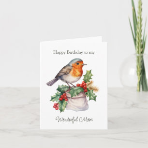 Red Robin Holly Mum Birthday Folded Greeting Card