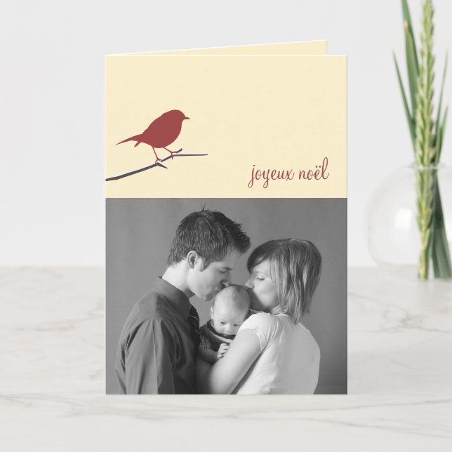 Red robin Joyeux Noël Christmas photo modern Holiday Card (Front)