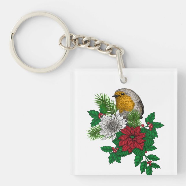 Red robin on Christhmas decoration Key Ring (Front)