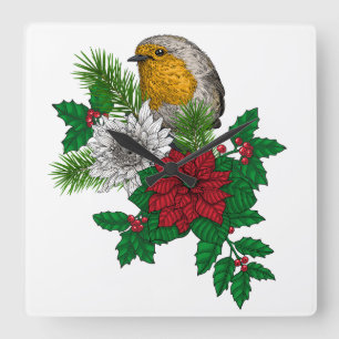 Red robin on Christhmas decoration Square Wall Clock
