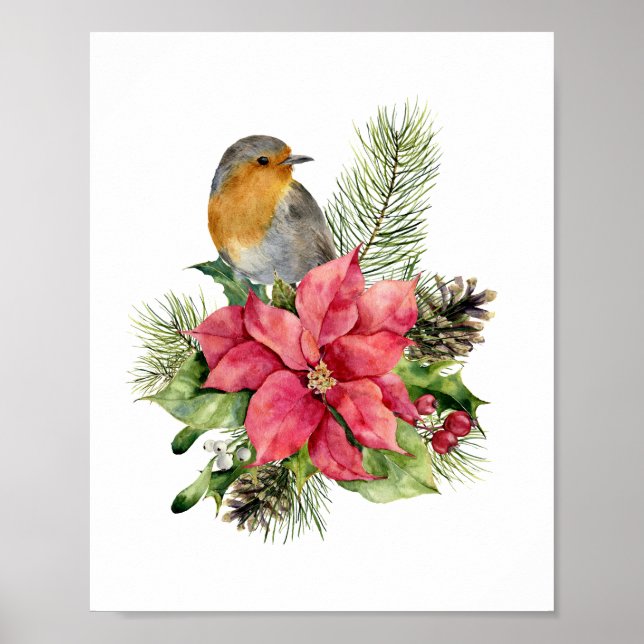Red robin, Poinsettia, pine, holly  Christmas Poster (Front)