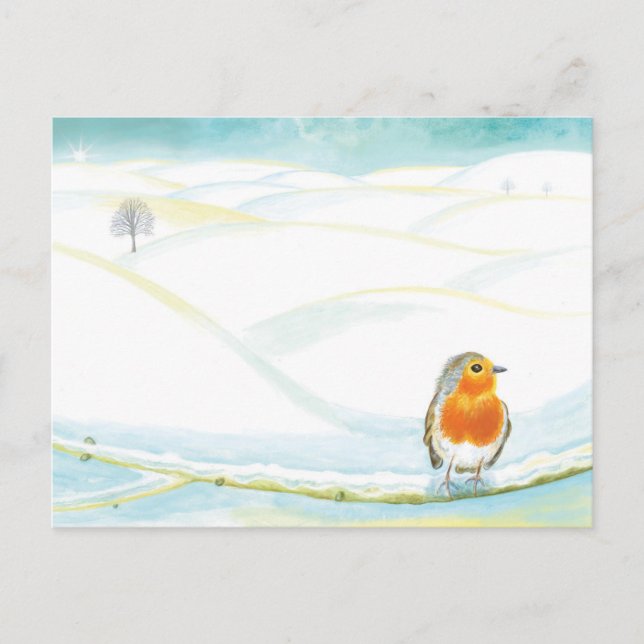 Red Robin & White Winter Landscape Illustration  Holiday Postcard (Front)