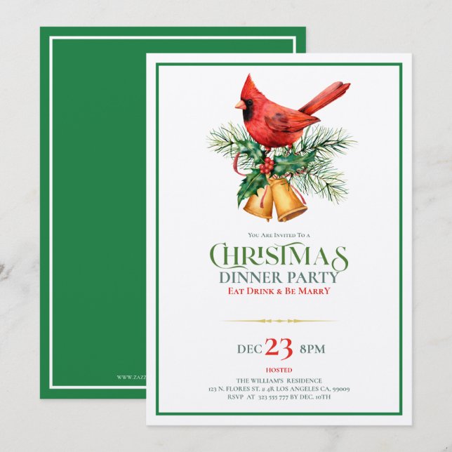 Red Robin with Christmas Bells Invitation (Front/Back)
