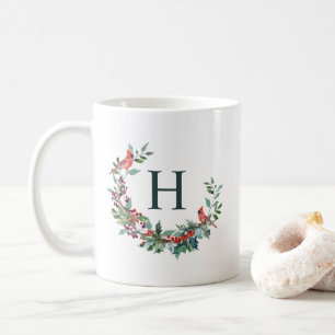 Red Robin Wreath Holiday Monogram Coffee Mug