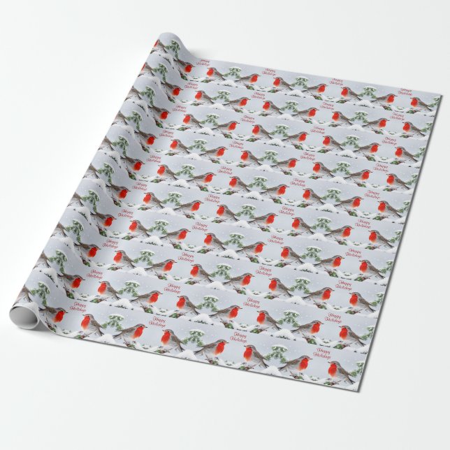 Red Robins Holiday Christmas Wrapping Paper (Unrolled)