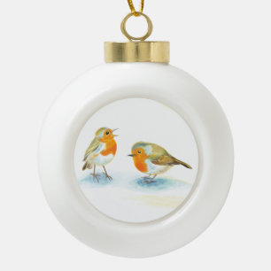 Red Robins in Winter Ceramic Ball Christmas Ornament