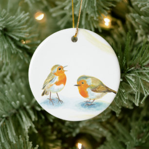 Red Robins in Winter Ceramic Ornament
