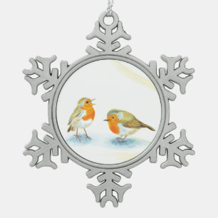 Red Robins in Winter Snowflake Pewter Christmas Ornament