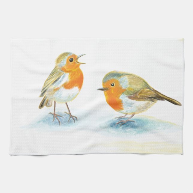 Red Robins in Winter  Tea Towel (Horizontal)