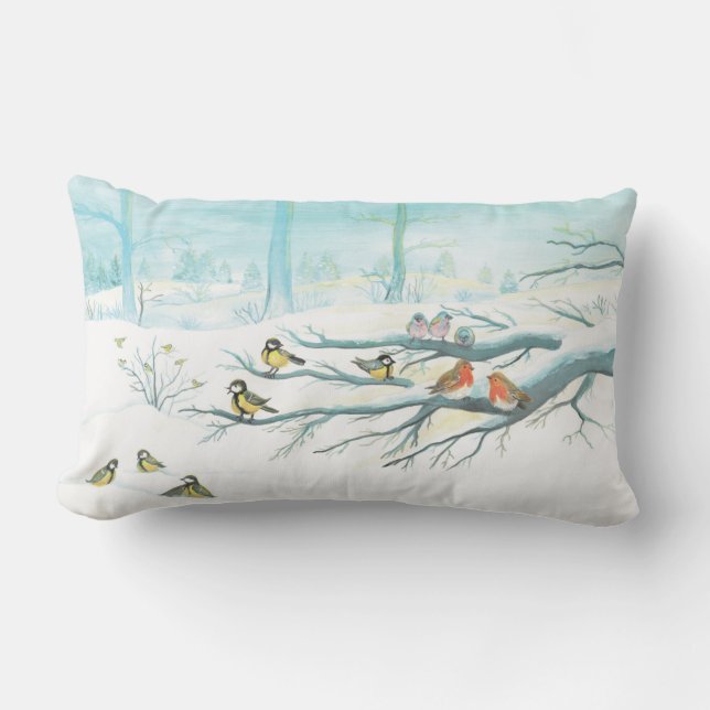 Red Robins & Tit Birds in Winter Forest   Lumbar Cushion (Front)