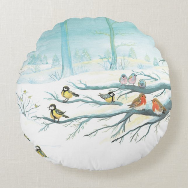 Red Robins & Tit Birds in Winter Forest   Round Cushion (Front)