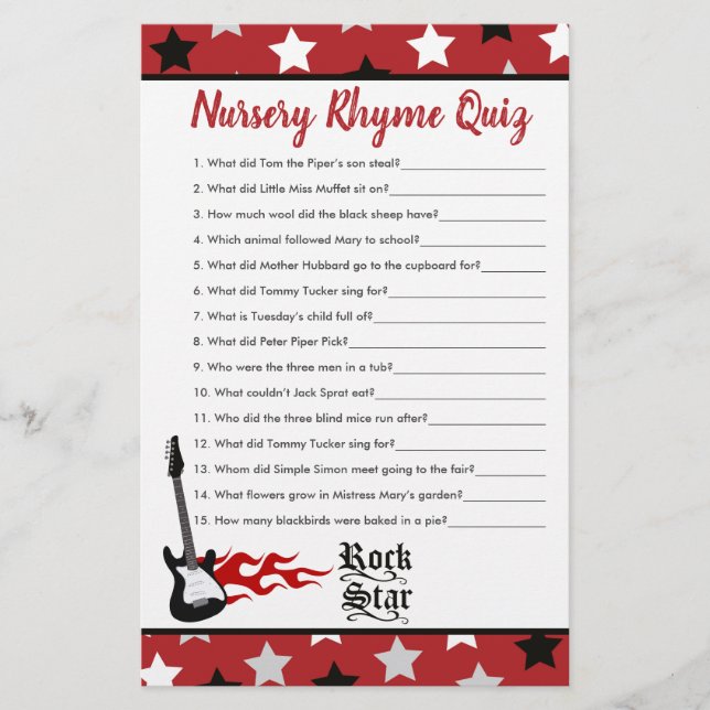 Red Rock Star Baby Shower Nursery Rhyme Quiz (Front)
