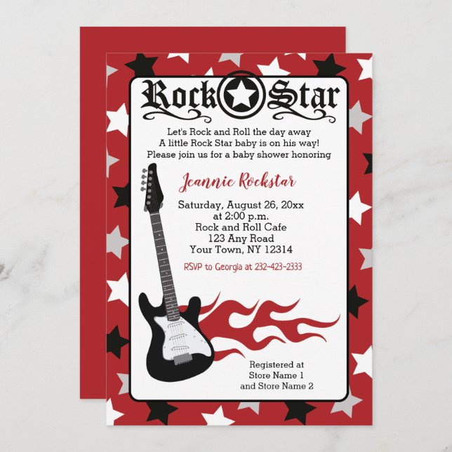 Red Rock Star Guitar Rock a Bye Shower Invitations (Front/Back)