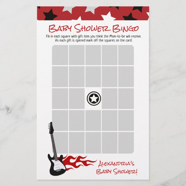 Red Rock Star Rock a bye Baby Shower Bingo Game (Front)