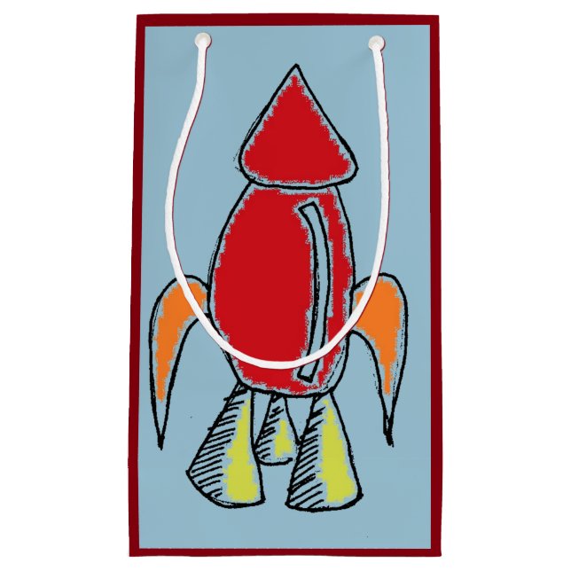 Red Rocket Ship Spaceship Cute Cartoon Small Gift Bag (Front)