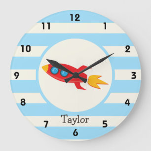 Red Rocket Space Ship; Light Blue Stripes Large Clock