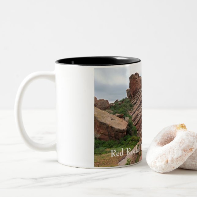 Red Rocks Ridge Mountains and Valley Two-Tone Coffee Mug (With Donut)