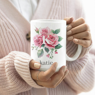 Red Roes Flowers With Elegant Monogram Name Custom Coffee Mug