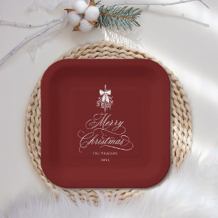 Red Romantic Calligraphy Merry Christmas Holiday Paper Plate