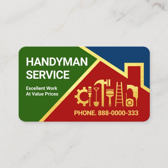 Red Roof Gold Handyman Tools Border Business Card (Front)