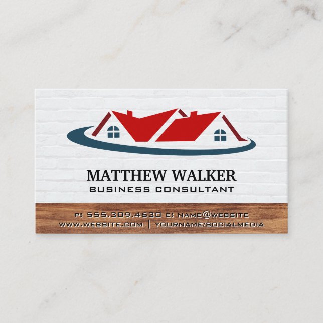 Red Roof Top Home Logo | Wood Trim Business Card (Front)