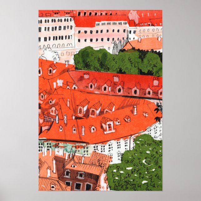Red Roofs Prague Czech Cityscape Paper Collage Art Poster (Front)