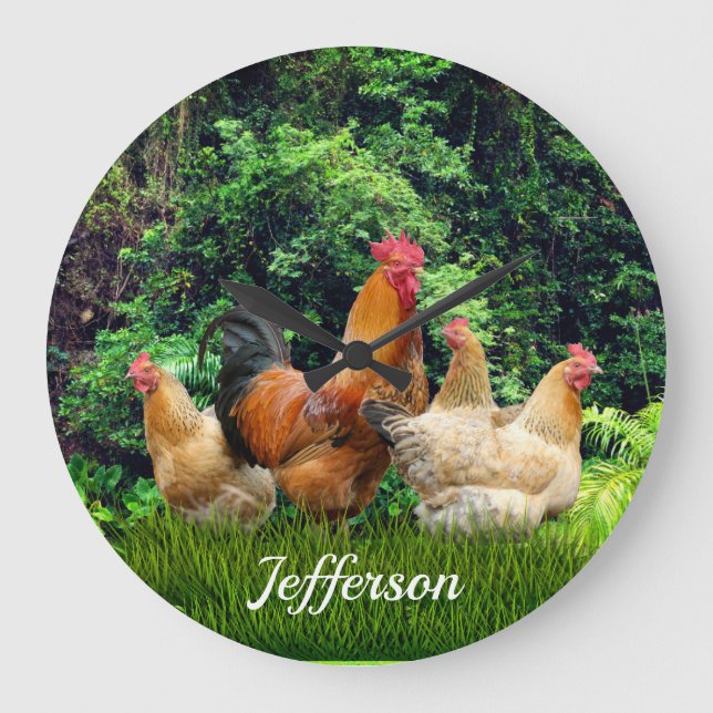 Red Rooster and Hens Large Clock (Front)