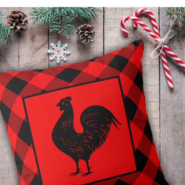 Red Rooster Buffalo Plaid Country Farm Checks Cushion (Creator Uploaded)