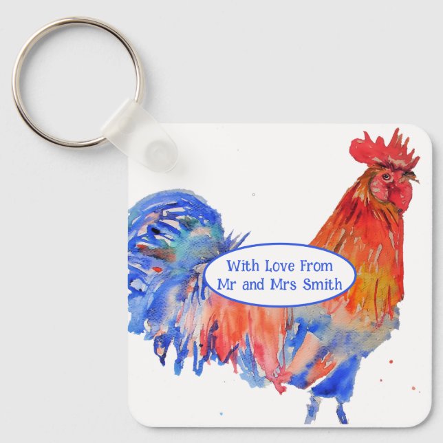 Red Rooster Chicken Blue Watercolor Wedding Key Ring (Front)