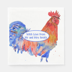 Red Rooster Chicken Blue Watercolor Wedding Napkin