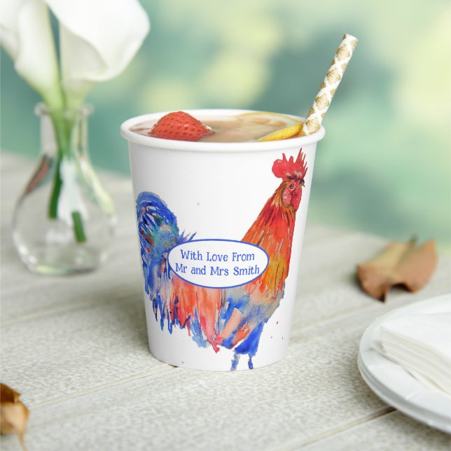 Red Rooster Chicken Blue Watercolor Wedding Paper Cups (Insitu)