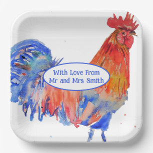 Red Rooster Chicken Blue Watercolor Wedding Paper Plate