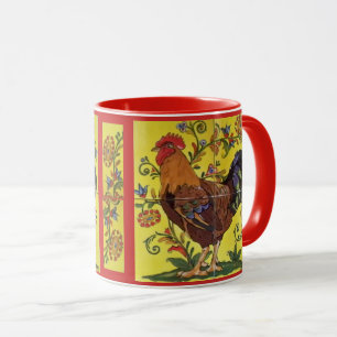 Red Rooster Chicken Folk Art Mug Yellow Floral