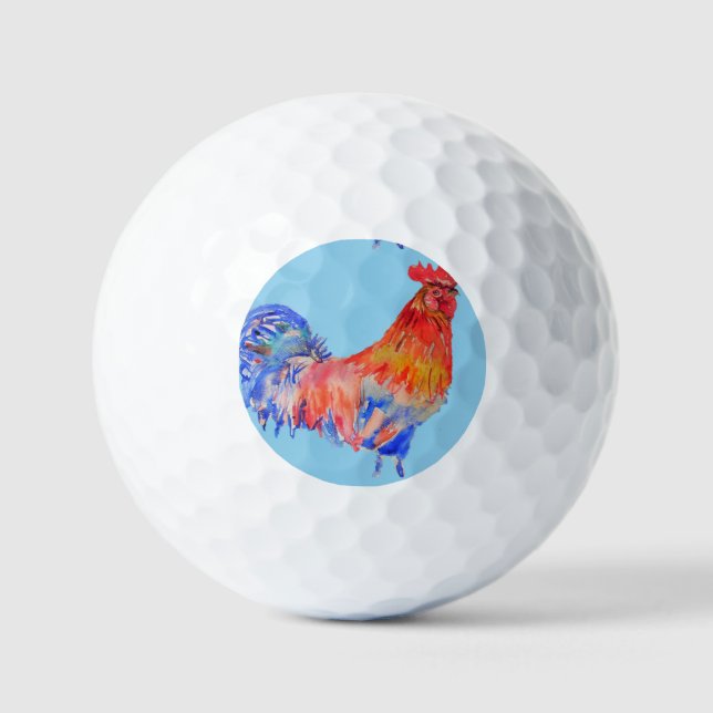 Red Rooster Chicken Watercolor Dad father Name Golf Balls (Front)