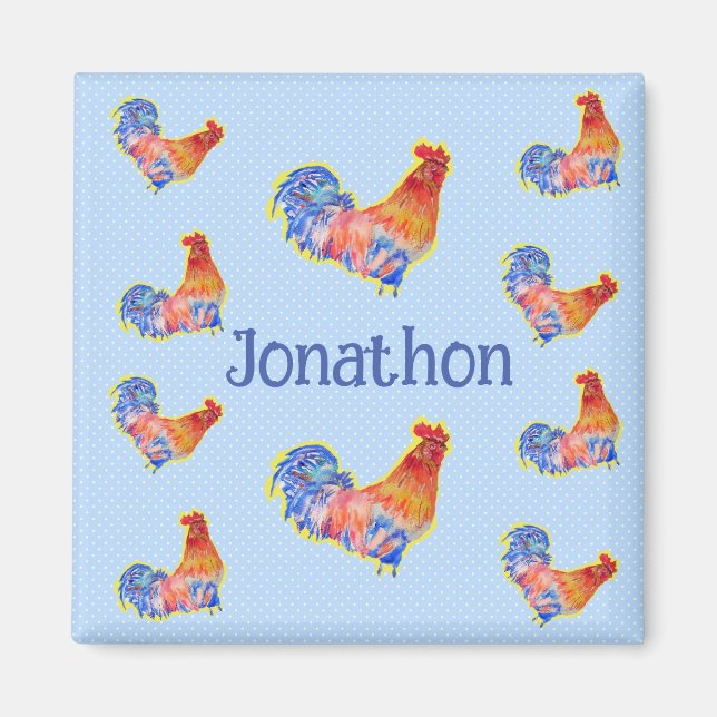 Red Rooster Chickens Boys Happy Birthday Name Magnet (Front)