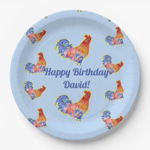Red Rooster Chickens Boys Happy Birthday Name Paper Plate