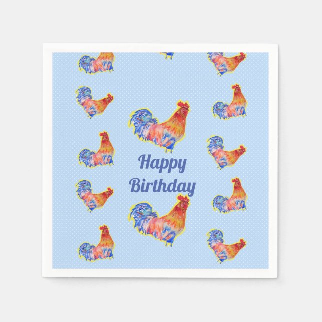 Red Rooster Chickens Boys Happy Birthday Napkin (Front)